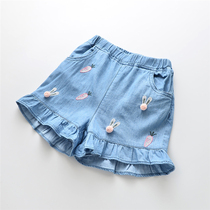 Summer Tencel denim shorts girls cartoon rabbit radish hot pants in children cute thin wooden ear elastic waist