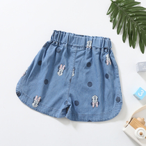 Summer Yellow pants girl sky cotton soft jeans shorts children embroidered dots cartoon beach pants hot pants tide