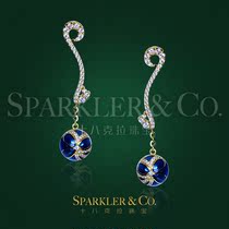18 karat jewellery (custom) spherical blue enamel diamond 18K gold stud earrings female earrings