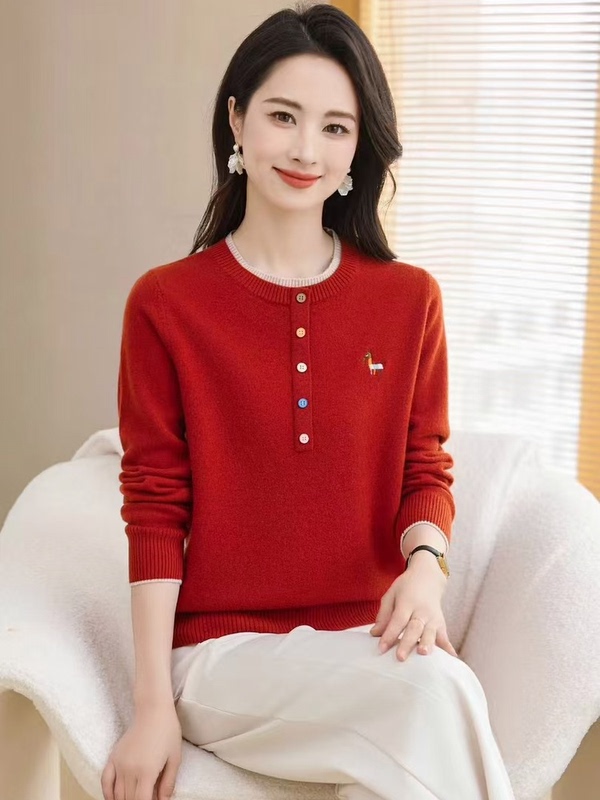 Authentic Double Deer 100% Wool Sweater for Women, Stylish Round-Neck Knitwear, Spring Style, Solid Color Pullover, Red