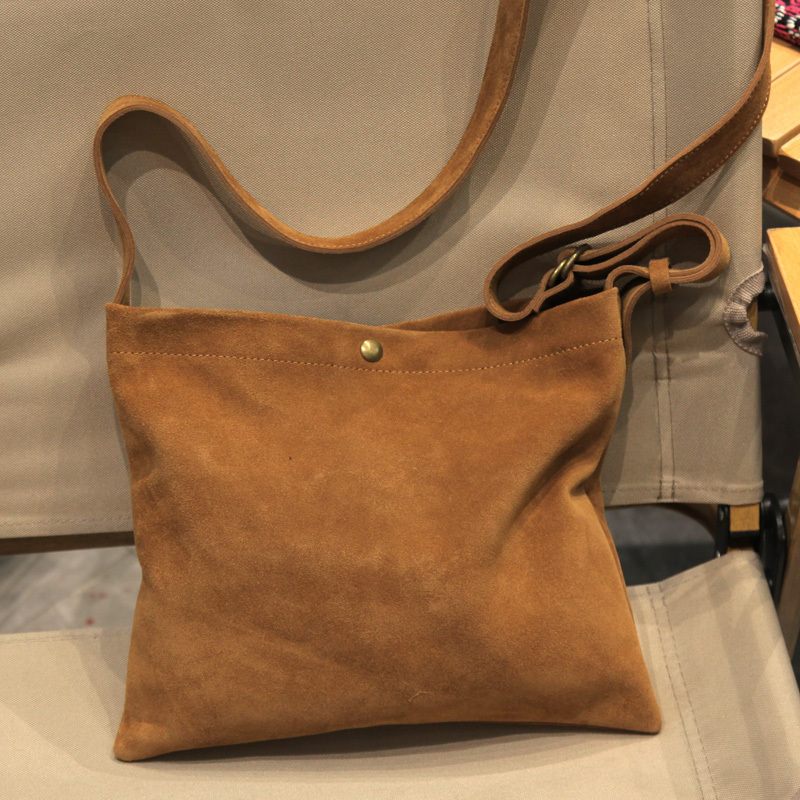 First-Layer Cowhide Suede Unisex Bag, Shoulder Bag, Small Bag, Crossbody Soft Bag, Retro Casual Japanese Style, Simple