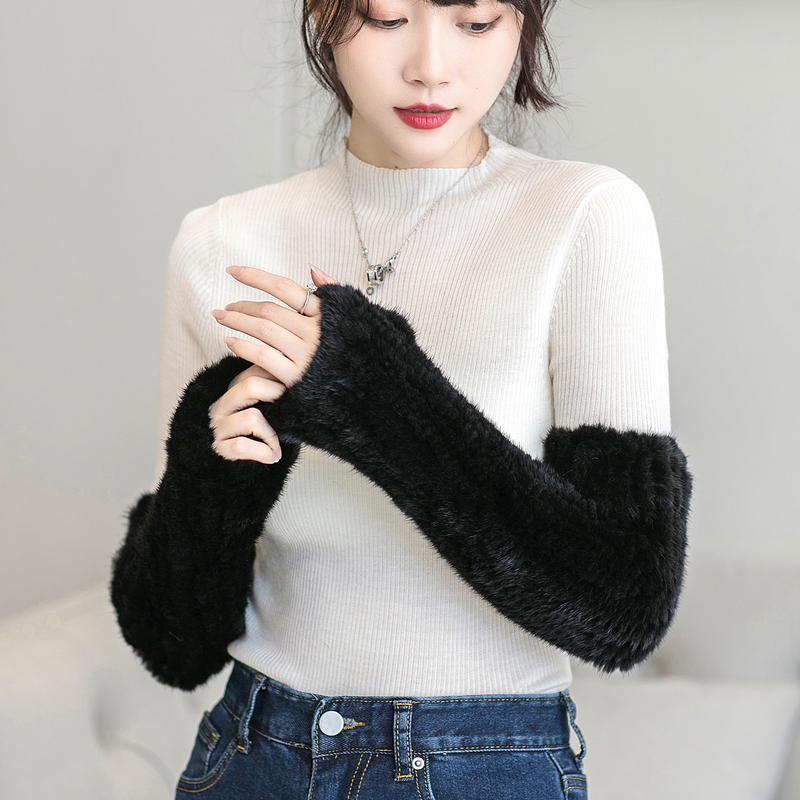 Mink Fur Women's Warm Fur Sleeves Long Half-Finger Gloves Real Mink Fur Knitted Sleeves Arm Warmers Winter Sleeves