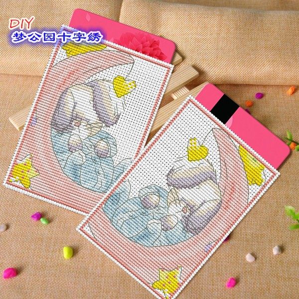 Dream Park DMC Cross Embroidery Access Bus Card Bag on the moon sleeping rabbit material bag can be finished