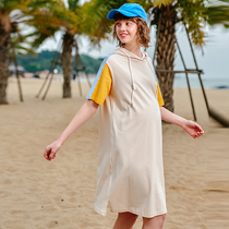 Pregnant color new fashion contrast color stitching dress Maternity hooded sweater contrast color trend short-sleeved dress summer