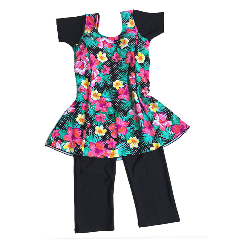 Clear Conservative Mom Swimsuit Woman Large size loose covering short sleeves slim connexion skirt type 5-deck pants middle-aged