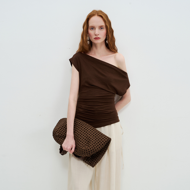 Limonn Extremely Beautiful and Gentle Tencel Wool One-Shoulder Diagonal Shoulder Pleated Slim-Fit Knitted T-Shirt Sleeveless Vest