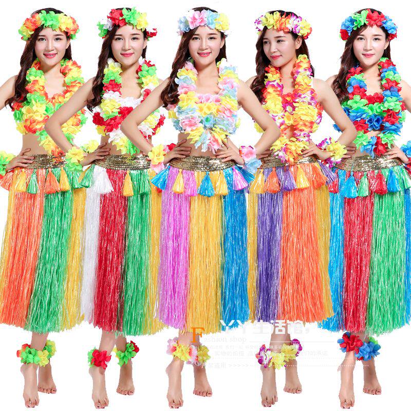 Hawaiian Grass Skirt Flower Ring Performance Suit Adult Male And Female Grass Skirt Dance Dress 80cm2 Layer Thickened Skirt