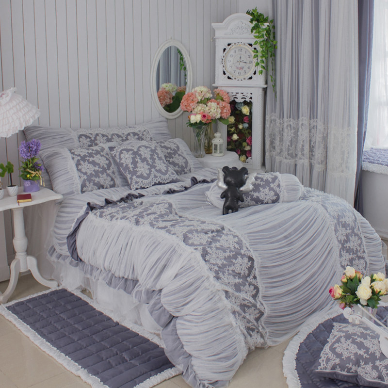 Korean-style Design Julliette Princess Orce Flowers Gray Bed with four suite skirts