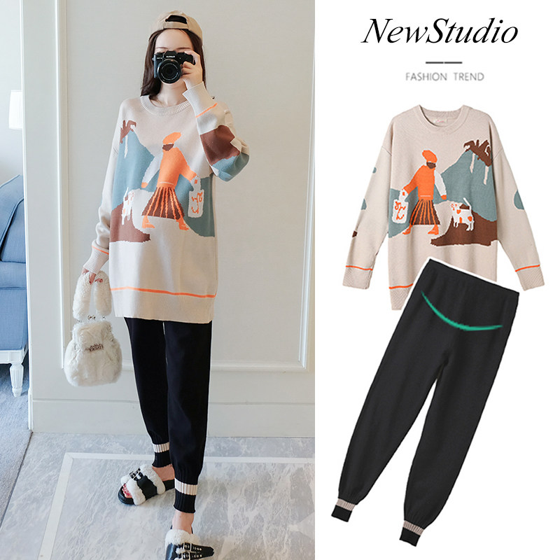Pregnant women's sweater winter fashion style plus velvet loose long-sleeved sweater top autumn and winter age-reducing maternity suit