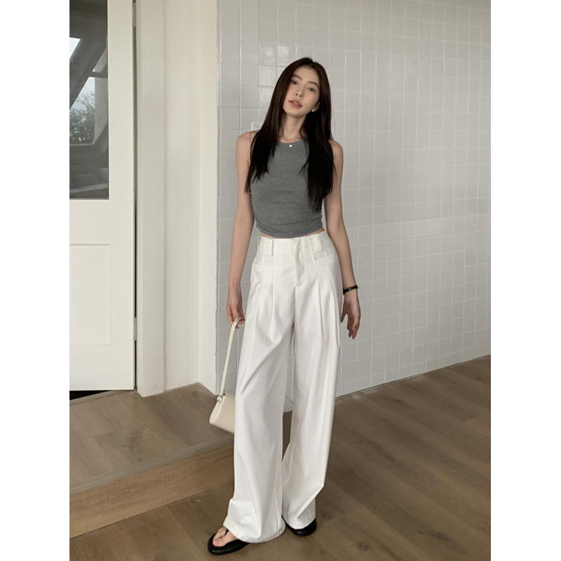 Halo Luu White Wide-Leg Suit Pants for Women, Summer Drapey Loose Casual Pants, Long Straight-Leg Floor-Length Pants