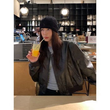 Halo luu clearance jacket ຫນັງສີນ້ໍາຕານຂອງແມ່ຍິງ spring retro distressed ການອອກແບບ jacket ລົດຈັກສັ້ນ