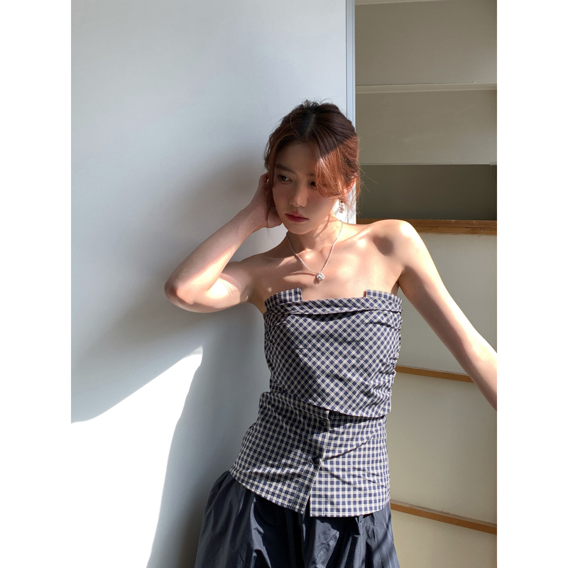 Halo Luu Navy Blue Plaid Tube Top Women's Spring and Summer New Adjustable Deconstructed Shirt Thin Plaid Top Halo Luu Navy Blue Plaid Tube Top Women's Spring and Summer New Adjustable Deconstructed Shirt Thin Plaid Top