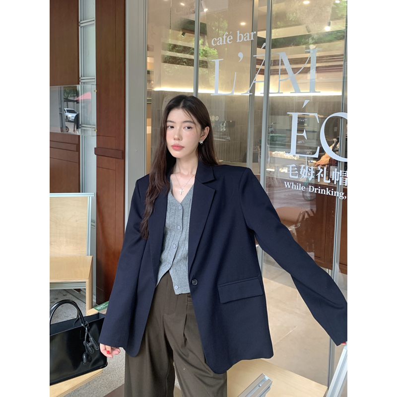 Halo Luu Dark Blue Blazer for Women, New Autumn Korean Style, Loose Casual Relaxed High-End Suit