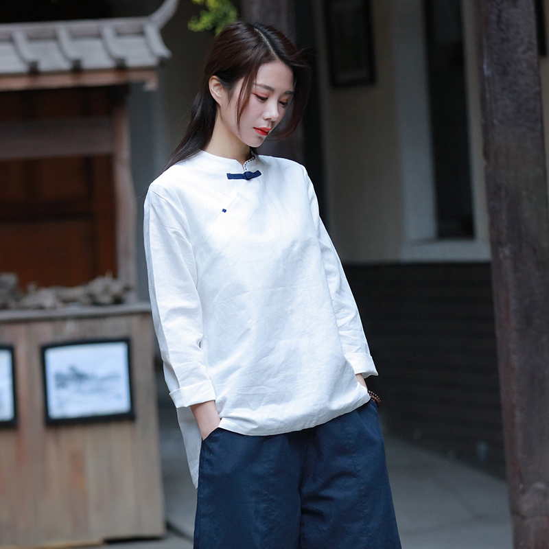 Cotton Hemp Tai Chi Clothing Linen Easy disc buckle inclined flap Long sleeves shirt tea suit Hemp Zen blouse women in the middle of the country