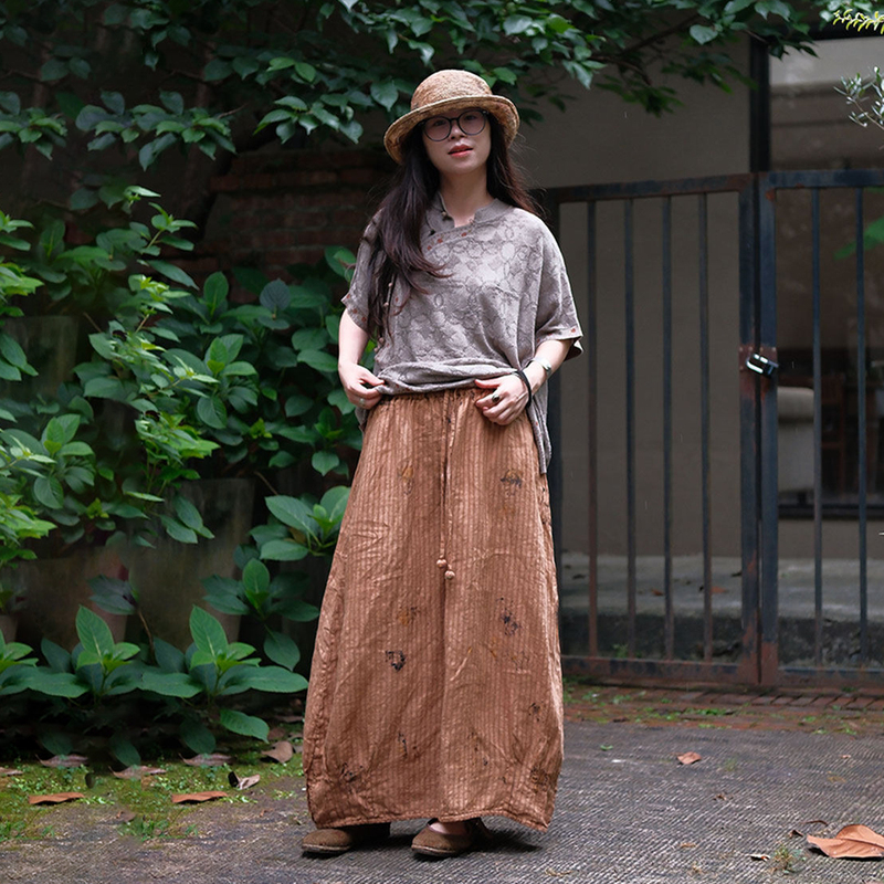 Pengpengjia 7225 Pure Linen Plant-Dyed Persimmon-Dyed Hand-Painted Retro Artistic Style Skirt in the Clouds