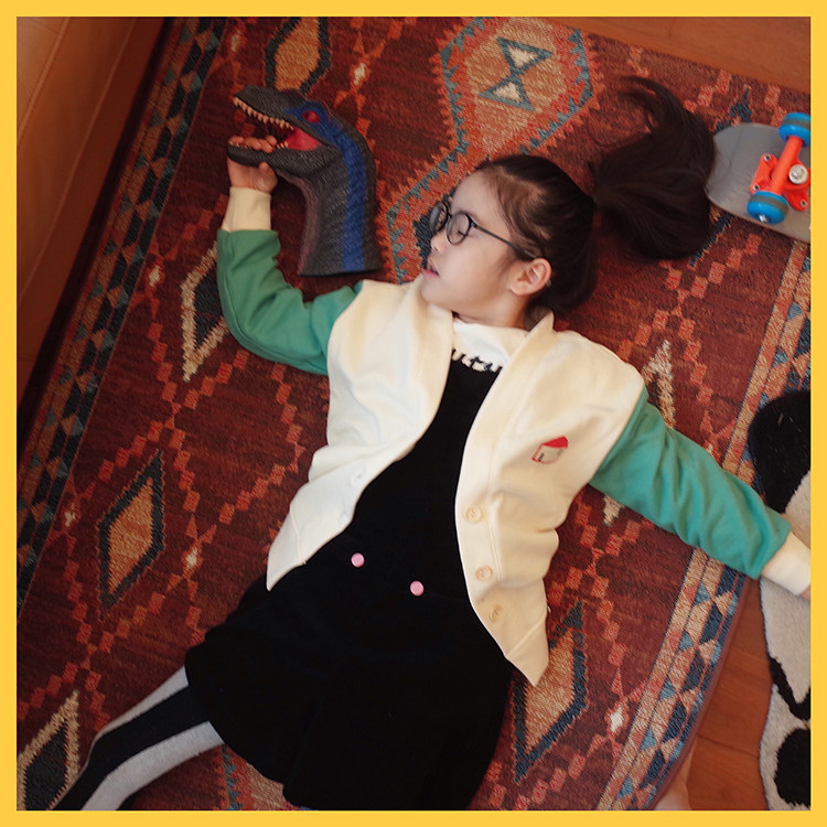 Doll Amy autumn and winter new original original girl's big children's cotton round embroidery cardigan casual color matching plus fleece sweater