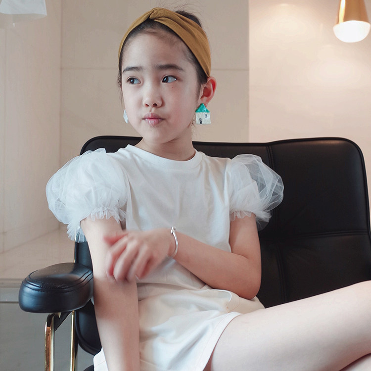 Doll Aimei Original Children's Day Customized Female Primary School Big Boy Princess Lantern Bubble Sleeve Round Neck Basic Cotton White T-Shirt