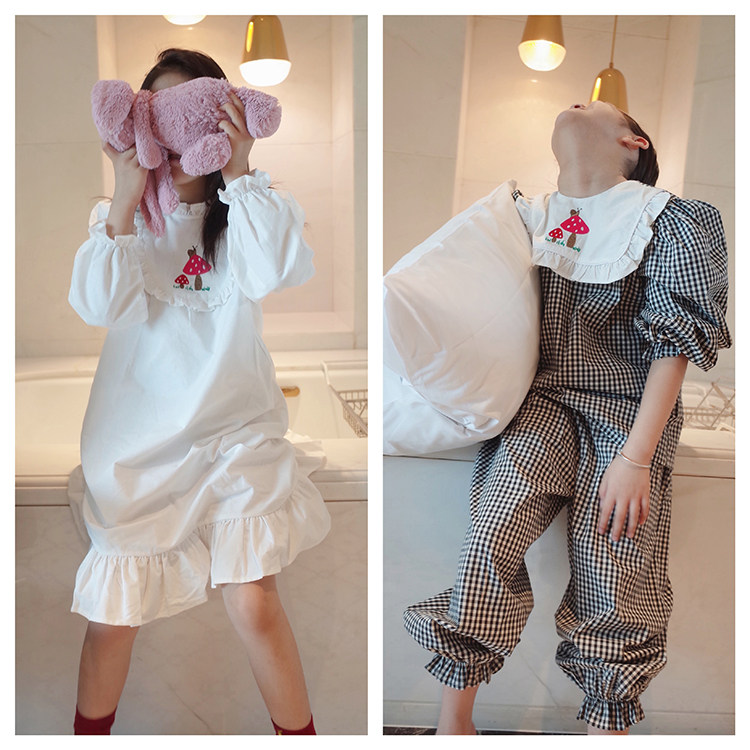 Doll Aimei New Autumn Girls' Small, Middle and Big Children's Lotus Leaf Embroidered Side Sweet Nightdress Pajamas Long-sleeved Trousers Set