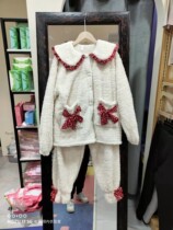 Small floral lace home suit set autumn and winter New can wear cute girl bow thick velvet pajamas 274