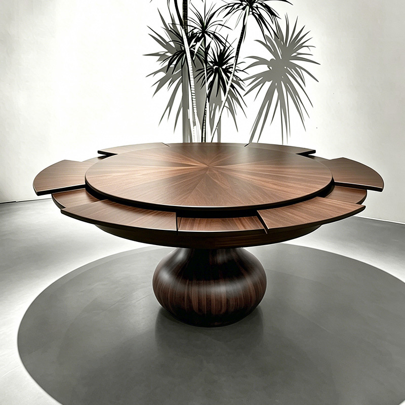 Rotating and Extendable Dining Table with Turntable, Transformable Marble, All Solid Wood, Mid-Century Style Dining Table, Teardrop-Shaped, Home Round Table