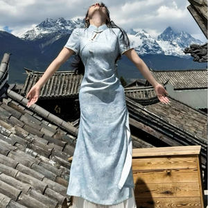 Qiao Niang Yu 2026 New Model Glacier Blue Improved Cheongsam with Front Slit for Women, New Chinese Style, Youthful, Suitable for Everyday Wear, Elegant and Simple