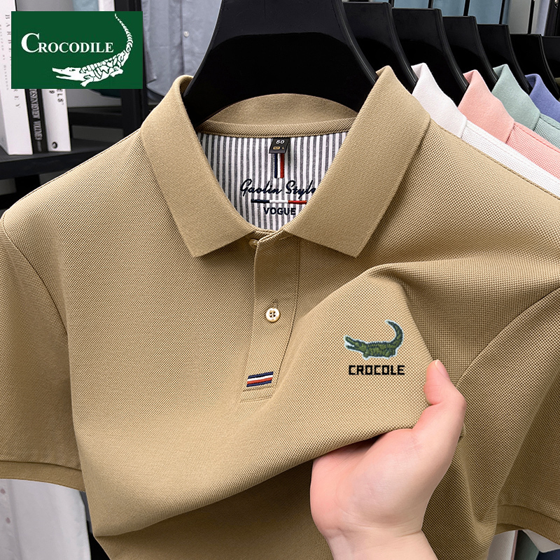 Crocodile Shirt 100% Pure Cotton Short-Sleeved T-Shirt Men's Turn-Down Collar 2025 Summer New Casual Polo Shirt Men's Top Trendy