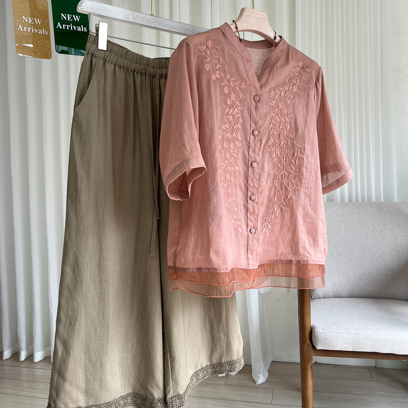 Young Style Linen Ramie Suit, Unique and Delicate Embroidered Cardigan Shirt Two-Piece Set, Summer Women's Clothing, Thin Linen Material