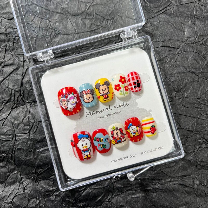 Handmade Cute Cartoon Girl Mickey Mouse Donald Duck Versatile Short Round Wearable Nail Stickers Removable