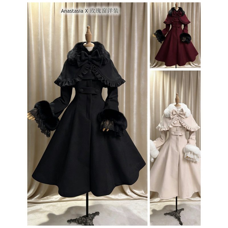 Winter Original Retro Lolita Shawl Coat - Madeleine - Waist-Cinching Large Skirt Long Fur Collar Dress Coat Winter Original Retro Lolita Shawl Coat - Madeleine - Waist-Cinching Large Skirt Long Fur Collar Dress Coat