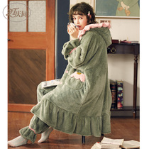 Pajamas women winter coral velvet padded flannel cartoon cute loose long robe two-piece winter suit