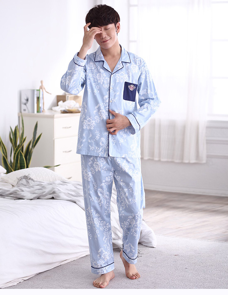 Qingtong của Nam Giới Dài Tay Áo Bông Đồ Ngủ Hàn Quốc Mùa Xuân và Mùa Thu Thanh Niên Cardigan Cotton Casual In Trang Chủ Dịch Vụ Set