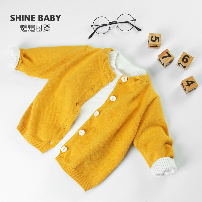 Baby cardigan sweater Autumn and winter men's and women's baby Korean version knitted round neck velvet small jacket Newborn chest sweater