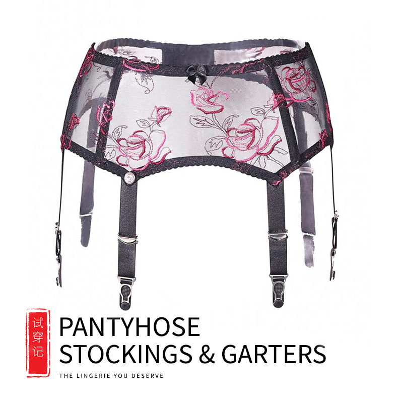 Sexy European and American Style Embroidered 6-Claw Metal Buckle Garter Belt Ultra-Thin Silky Aurora Long Stockings Lace Shiny Tube Socks