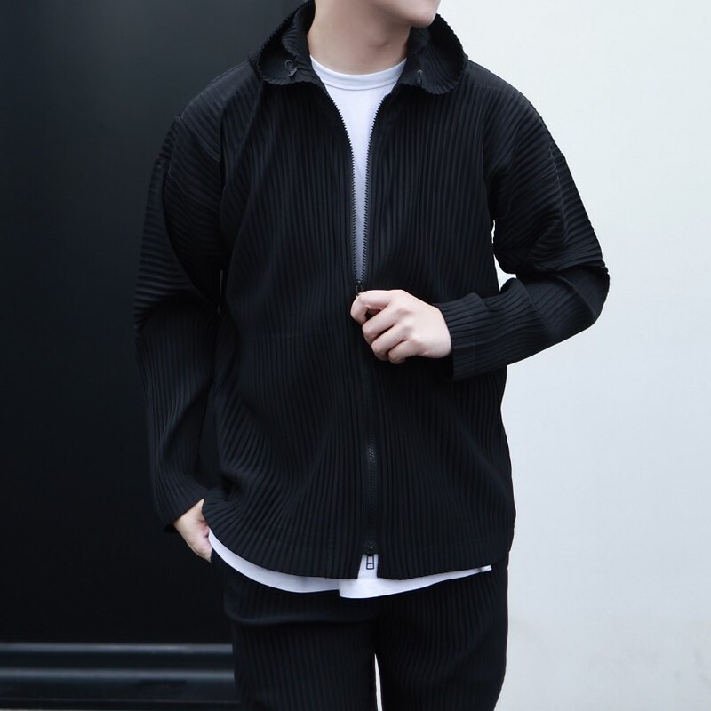 Japanese Miyake-Style Pleated Two-Way Zipper Hooded Sweatshirt for Men, Casual Hoodie Jl121, High-End Three-Dimensional Silhouette