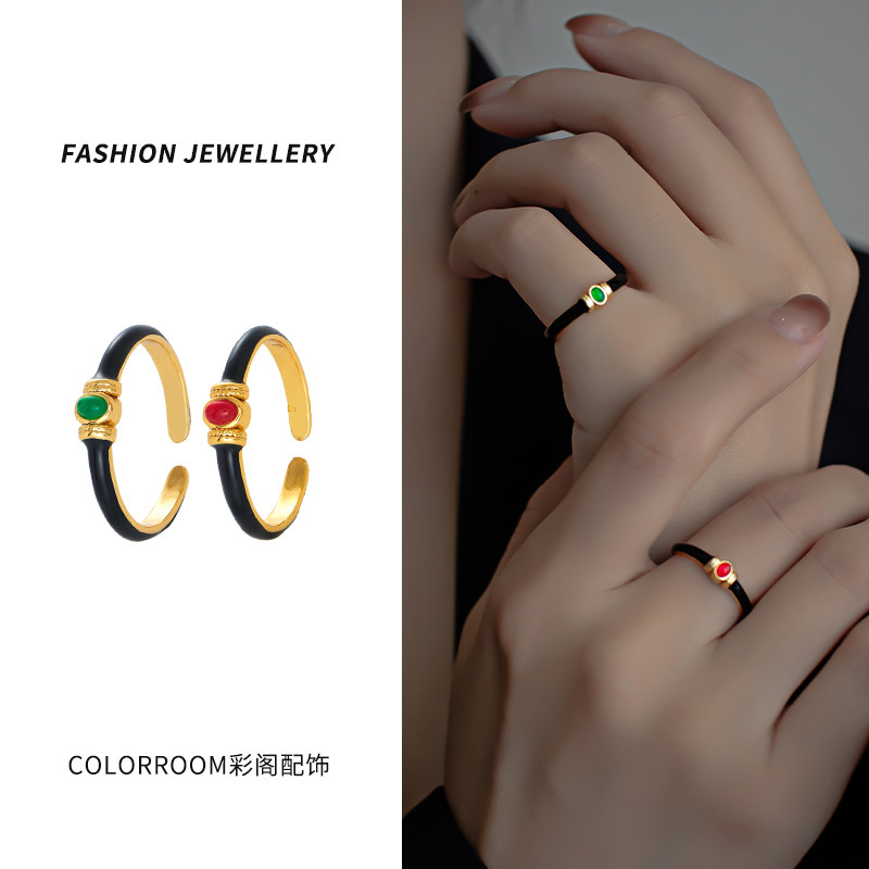 Red Manau Christmas rings 2023 new Christmas green jewel fine vegetarian rings black laminated with little crowd design-Taobao