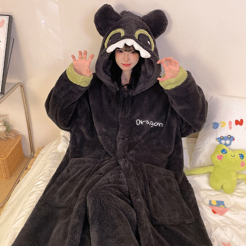 Coral Velvet Nightgown for Women, Autumn and Winter Thickened Hooded Cartoon Long Home Wear, Men's Pajamas That Can Be Worn Outside, Bathrobe Set