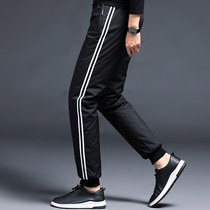 Outdoor mens down pants men wear windproof thickened sports beam feet youth down cotton pants stripes to keep warm in winter