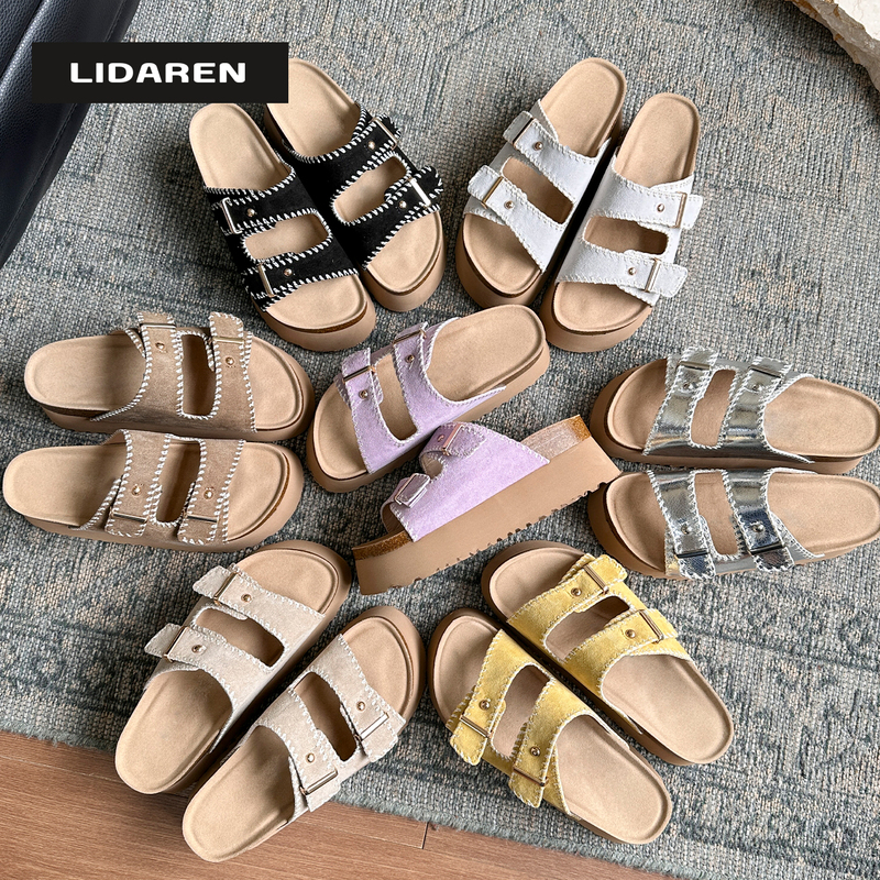 【Li Daren】Thick-Soled Commuting ~ Genuine Leather Thick-Soled 6.5cm Double-Strap Birkenstock-Style Slippers for Women, Suitable for Beach and Outdoor Wear