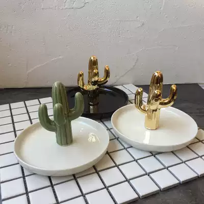 Export Nordic style golden green cactus jewelry ring tray desktop storage ornament porch decoration