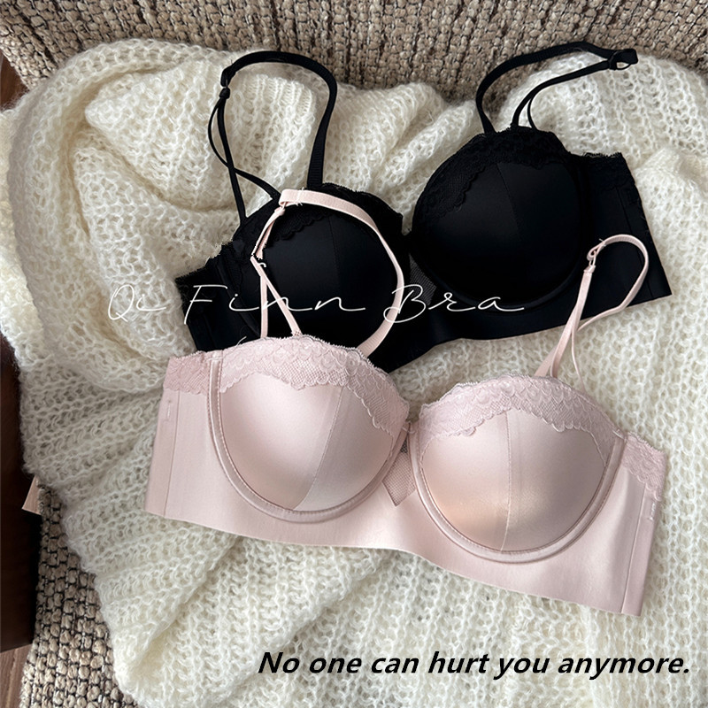 Strapless Off-Shoulder 2cm Bra for Women with Small Bust, Push-Up, Anti-Sagging, Pearlescent Satin Lace, Beautiful Back Bra