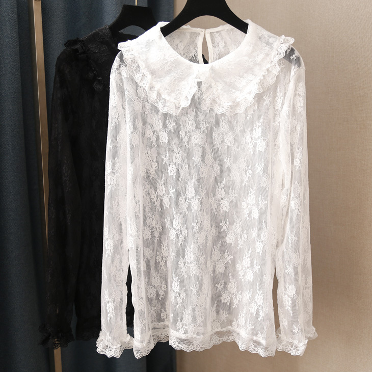 Solid Color Pullover with Large Lapel, Princess Collar, Ruffled Crochet Lace Base Shirt, Versatile Women's Long-Sleeved Mesh Top