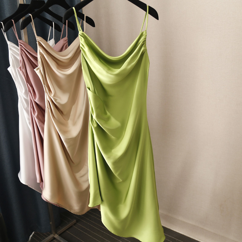 High-End Elegant Dress with a Draped Neckline, Side Ruching, Smooth Satin, Slim Fit, Figure-Flattering, Long Slip Dress