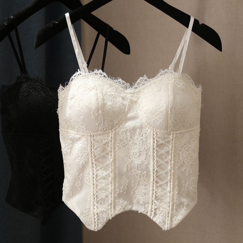 New Sexy Lace Crochet Fishbone Patchwork Tie-Up Base Top, Fashionable and Elegant, Waist-Cinching Short Camisole