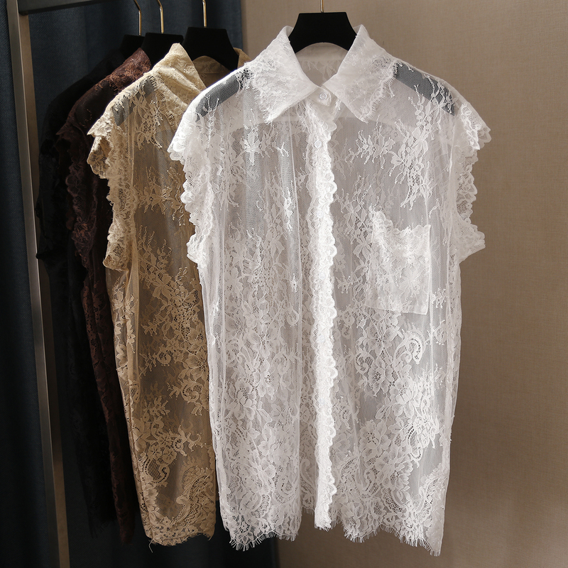 French-Style Casual Sexy Sleeveless Turn-Down Collar Sheer Inner Vest Top with Crochet Hollow-Out Loose Fit Layered Lace Shirt French-Style Casual Sexy Sleeveless Turn-Down Collar Sheer Inner Vest Top with Crochet Hollow-Out Loose Fit Layered Lace Shirt