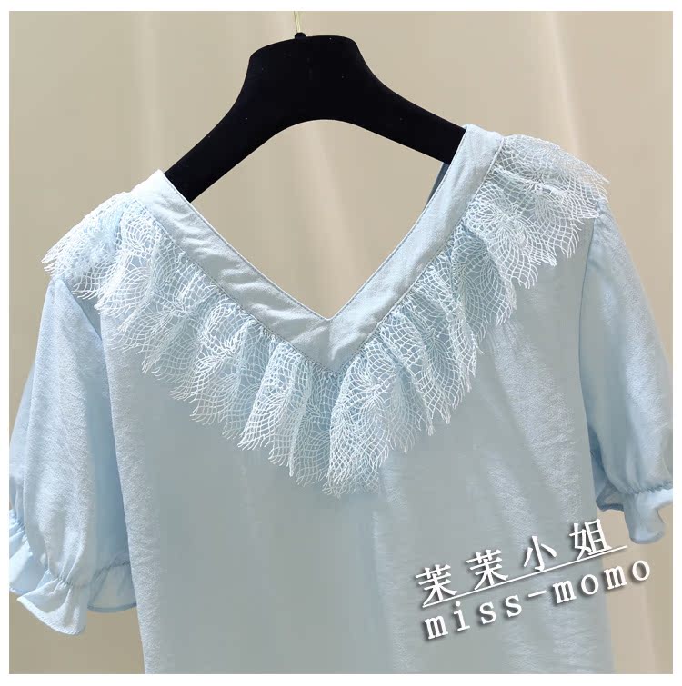 Phụ nữ phiên bản Hàn Quốc của đầu búp bê áo voan cổ áo ren hoa sen tay áo ngắn tay đôi v cổ cẩn thận máy hàng đầu áo sơ mi nữ trung niên đẹp