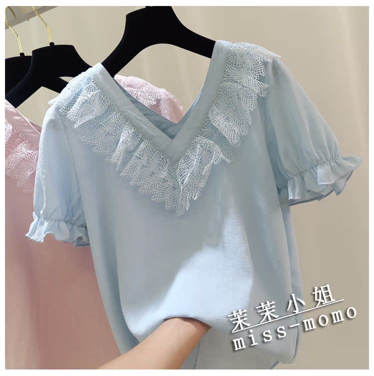 Phụ nữ phiên bản Hàn Quốc của đầu búp bê áo voan cổ áo ren hoa sen tay áo ngắn tay đôi v cổ cẩn thận máy hàng đầu áo sơ mi nữ trung niên đẹp