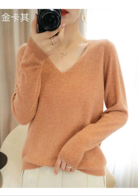 Knitted sweater threaded long-sleeved women's pure 2021 autumn and winter new v-neck short pullover sweater cashmere bottoming shirt versatile