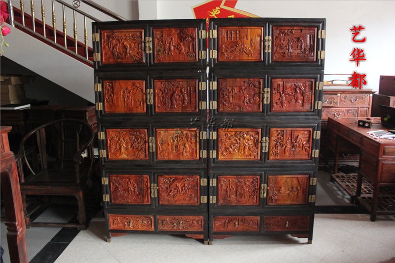 Red Wood Furniture Vintage Furniture in Honolulu, Honolulu Laos Large Acid Branch Black Box Red Board 24 filial Painting and Calligraphy Cabinet