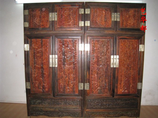 Red Wood Furniture Innate Red And Sour Branches Black Frame Red Plate Carved Dragon Top Box Cabinet Solid Wood Wardrobe