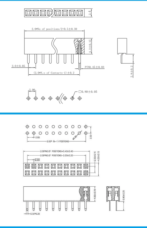 Khoảng cách giữa các chốt hàng đơn 2.0mm Chân đế đôi hàng 2.0mm Đế cắm 2mm cắm bằng đồng nguyên chất Đầu nối điện tử bảng mạch PCB thiết bị đầu cuối